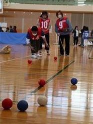 ボッチャで的球を狙う