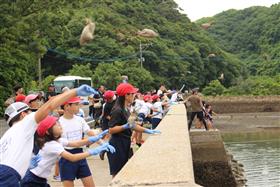 海が豊かになることを願って苗を投げ込みます